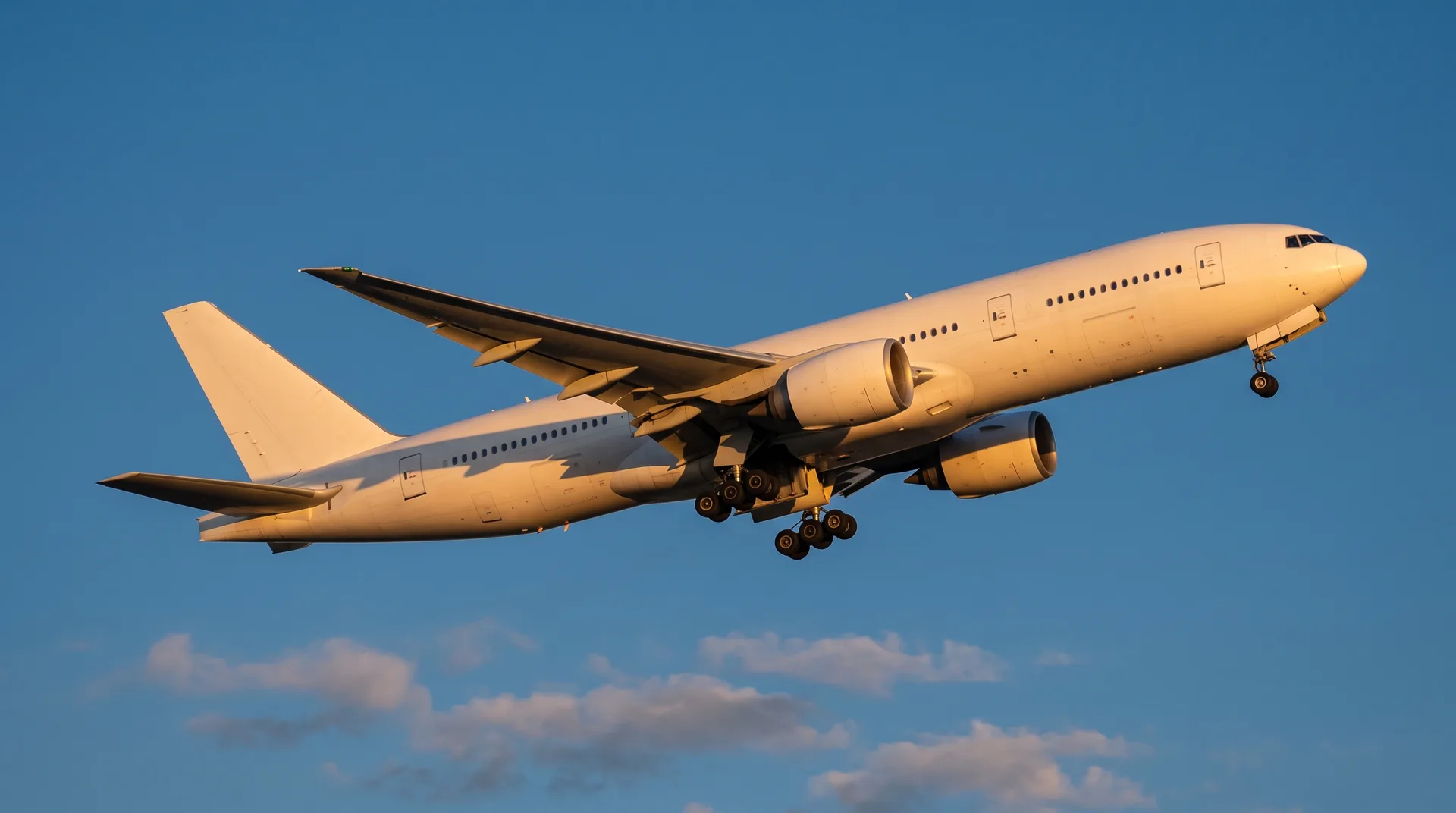 A large passenger airliner climbing against a clear evening sky, seen from the side with its swept wings and underslung engines catching low sunlight.