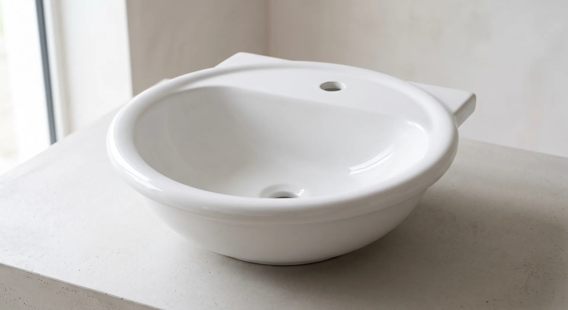 A white ceramic washbasin on a plain pale surface, seen from above and to one side, its glazed bowl catching a soft highlight along the rim.