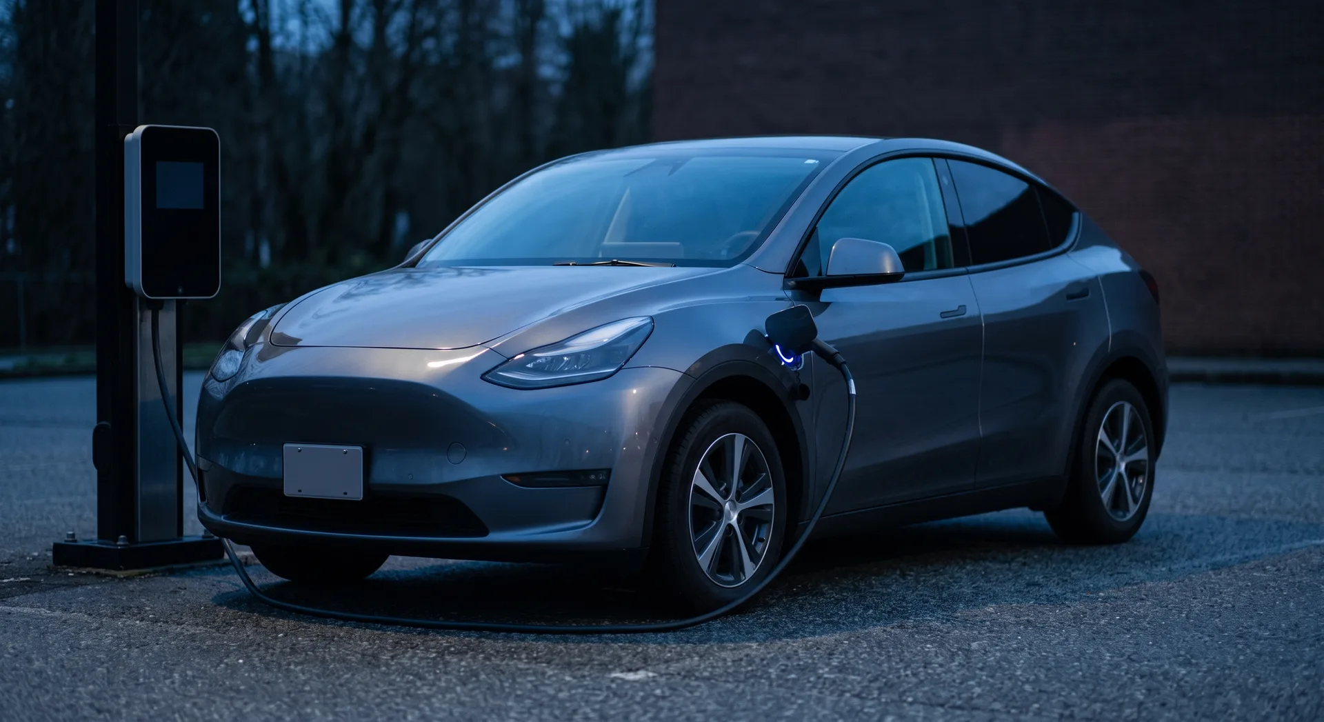 A car parked at a charging post at dusk, a thick cable looping from the post to an open charge port in the car's front wing.