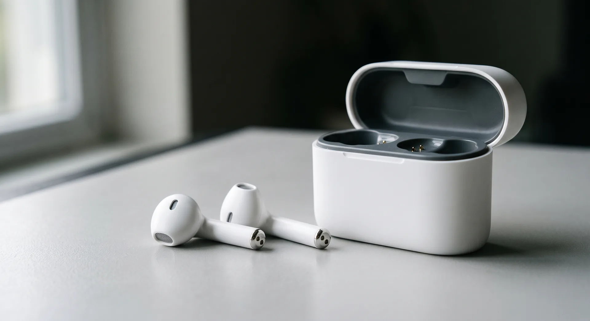A pair of white wireless earbuds resting beside their open charging case on a plain surface, the case's two cradle wells visible inside.