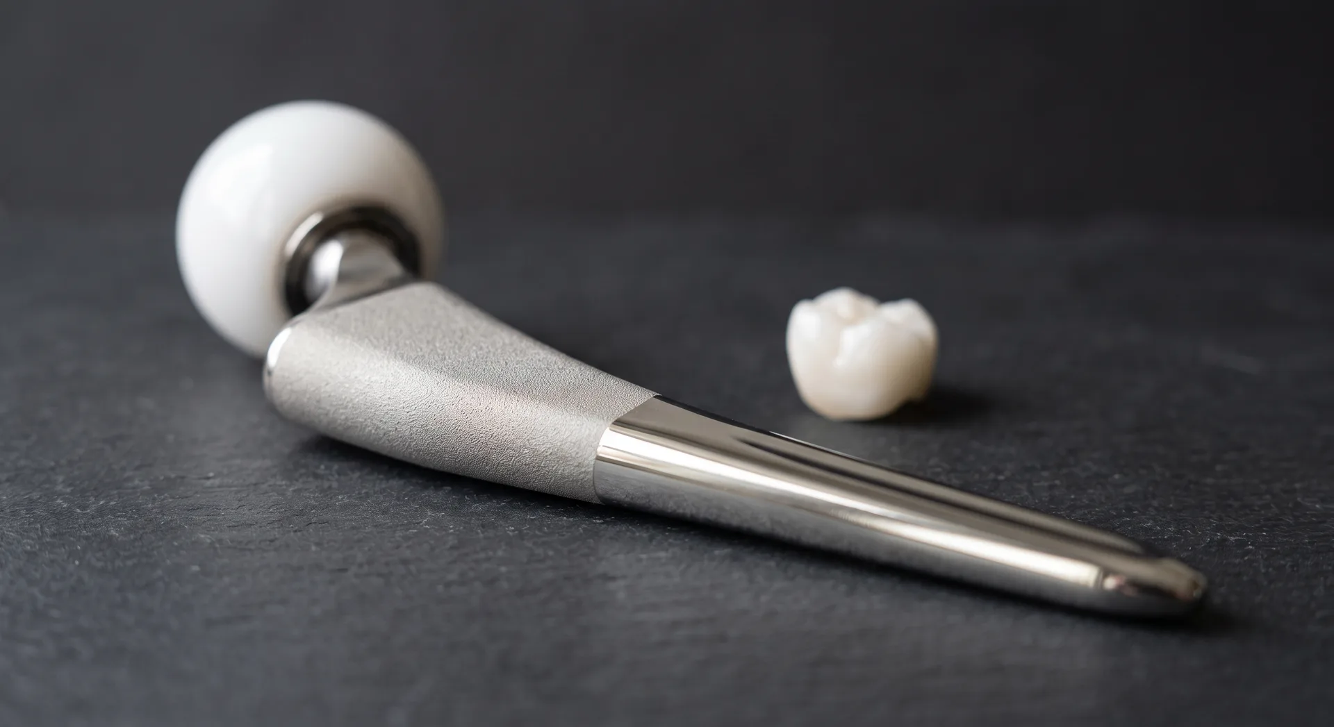 A metal hip replacement with a polished ball head and tapered stem on a plain surface, a small white ceramic crown behind it.