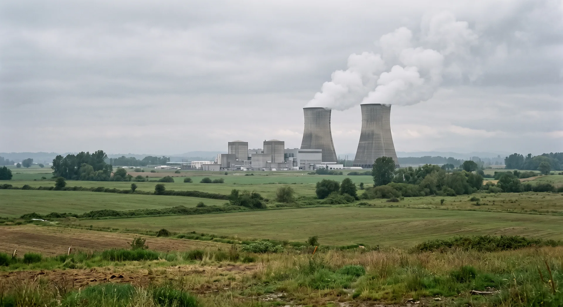 A nuclear power station across open fields, two broad concrete cooling towers releasing white vapour beside a low grey reactor building.