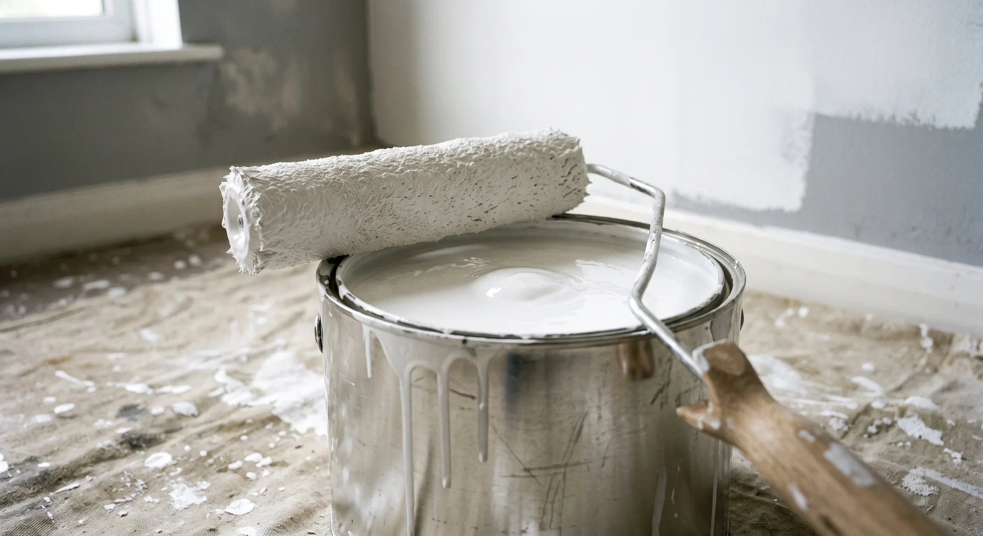 An open tin of thick white paint on a dust sheet with a loaded roller across its rim, a partly painted wall behind it.