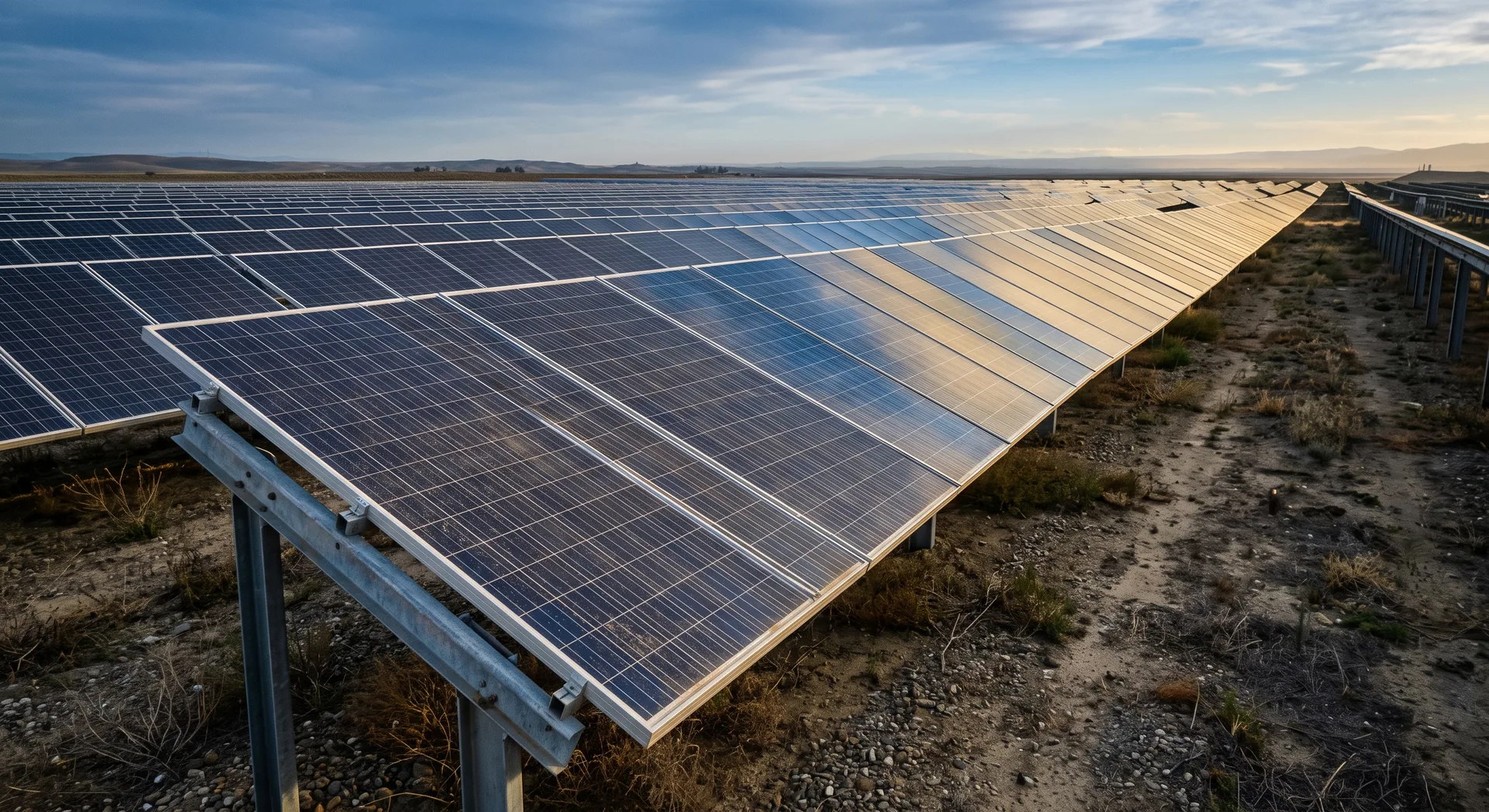 Long rows of dark blue solar panels tilted on low steel frames, receding across open ground with low sunlight catching their glass faces.