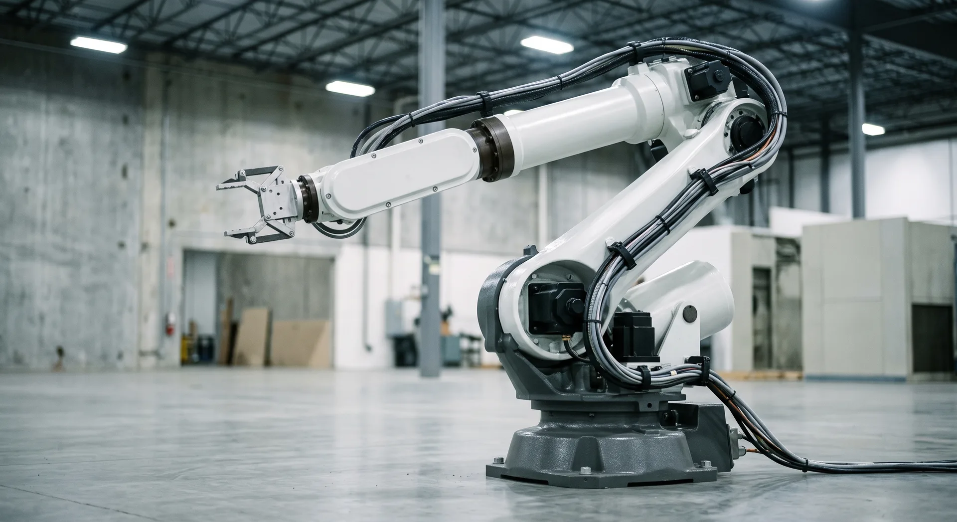 A white industrial robot arm on a factory floor, jointed at shoulder and elbow with a gripper held partly open at the end.