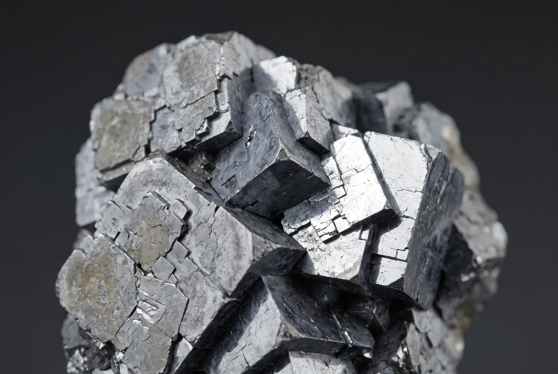 A cluster of interlocking metallic grey cubes with stepped faces and bright cleavage surfaces, against a plain dark ground.