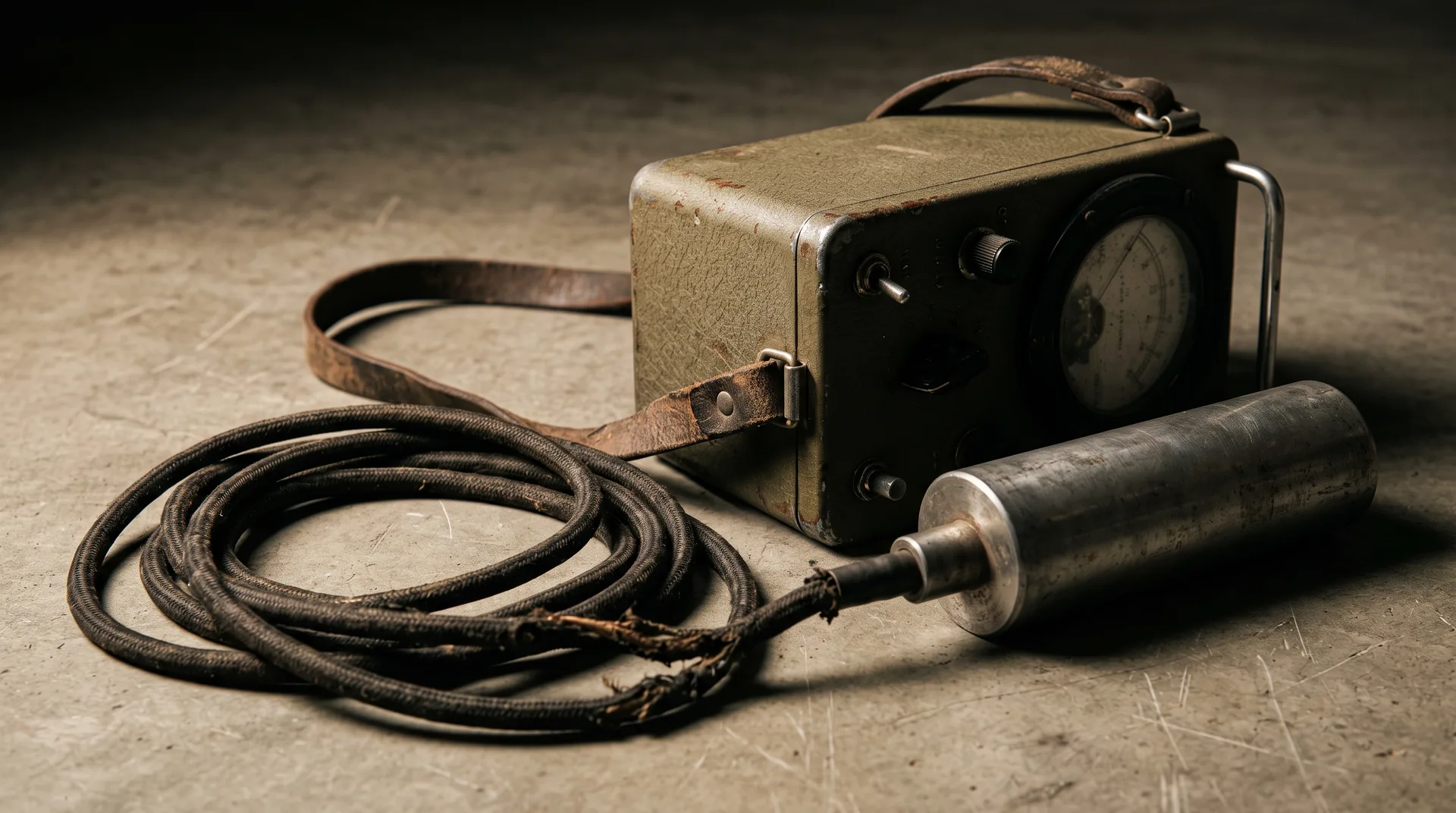 A mid-century portable survey instrument with a leather carry strap, coiled fabric cable and cylindrical probe, resting on a concrete floor.