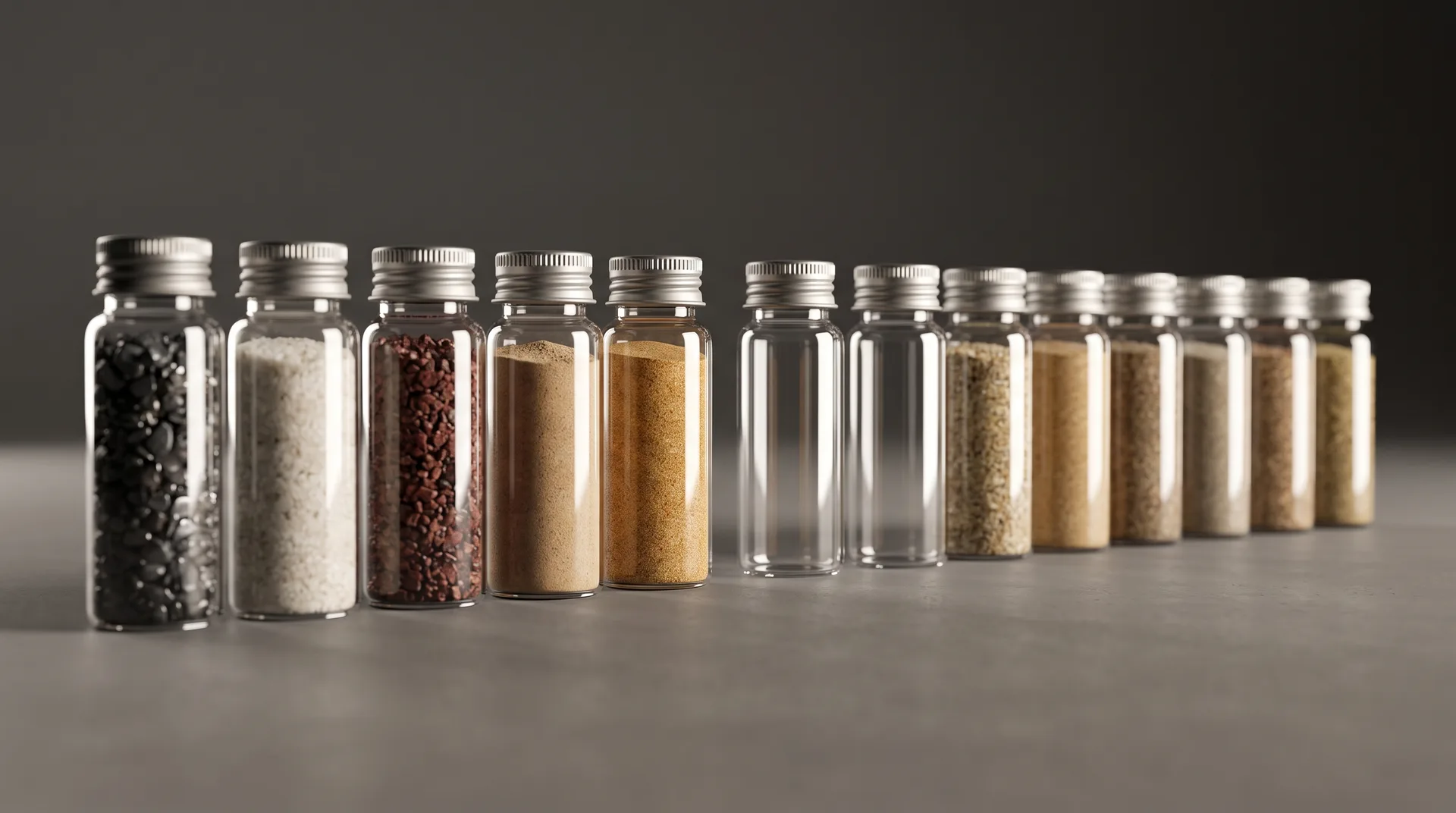 A row of small capped glass vials holding different sands and granules, with two standing empty among them.