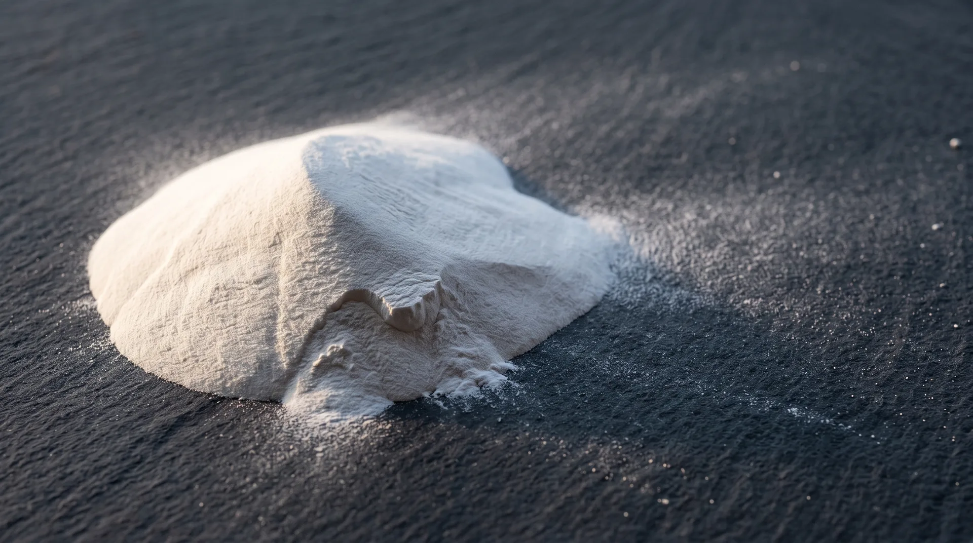 A mound of very fine white powder on a dark textured surface, lit from one side so its ridges and a loose dusting of grains catch the light.