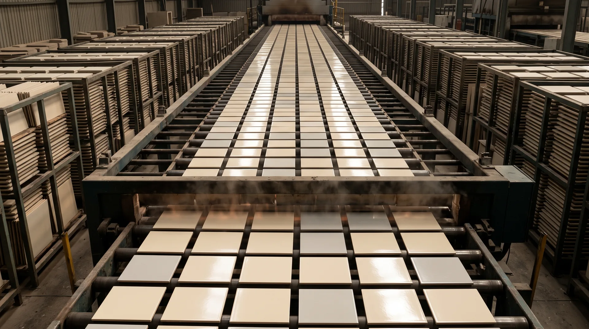Rows of glazed tiles moving along a factory conveyor away from a kiln, with loaded racks stacked on either side.
