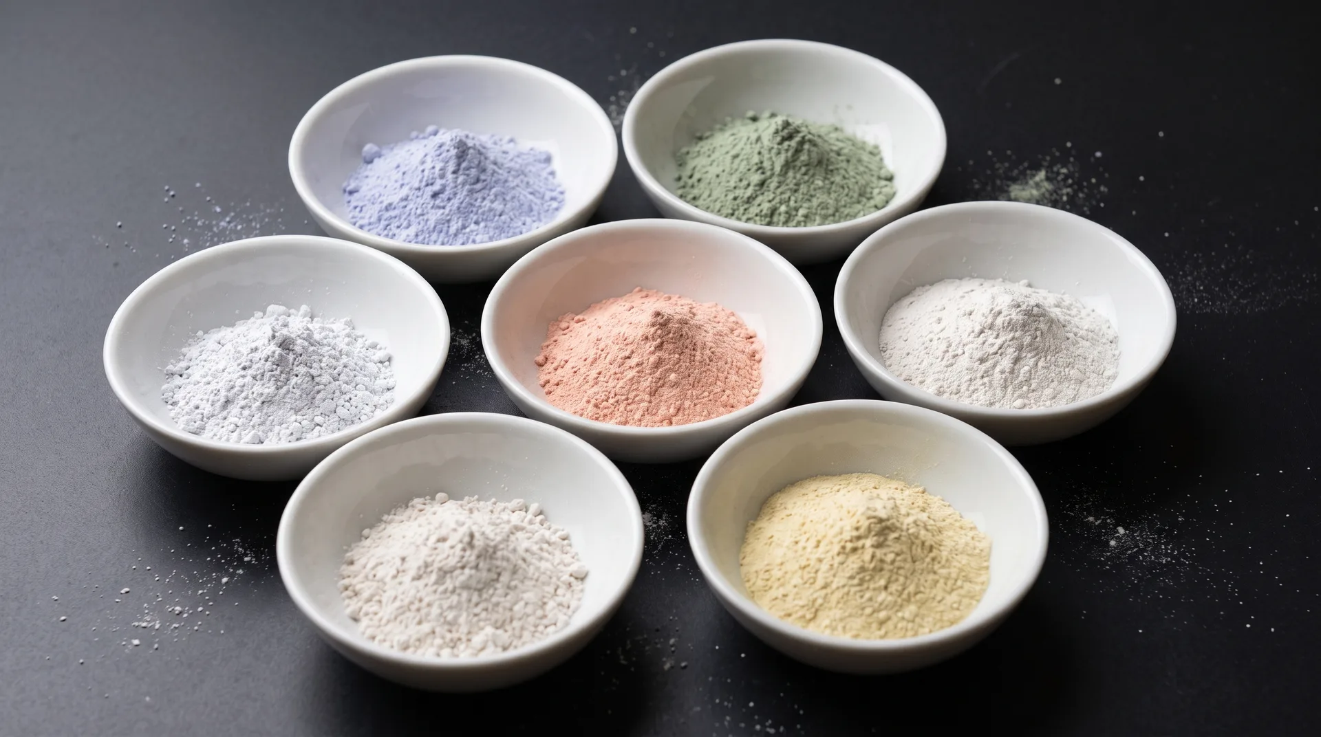 Seven small white bowls arranged on a dark surface, each holding a differently coloured fine powder.