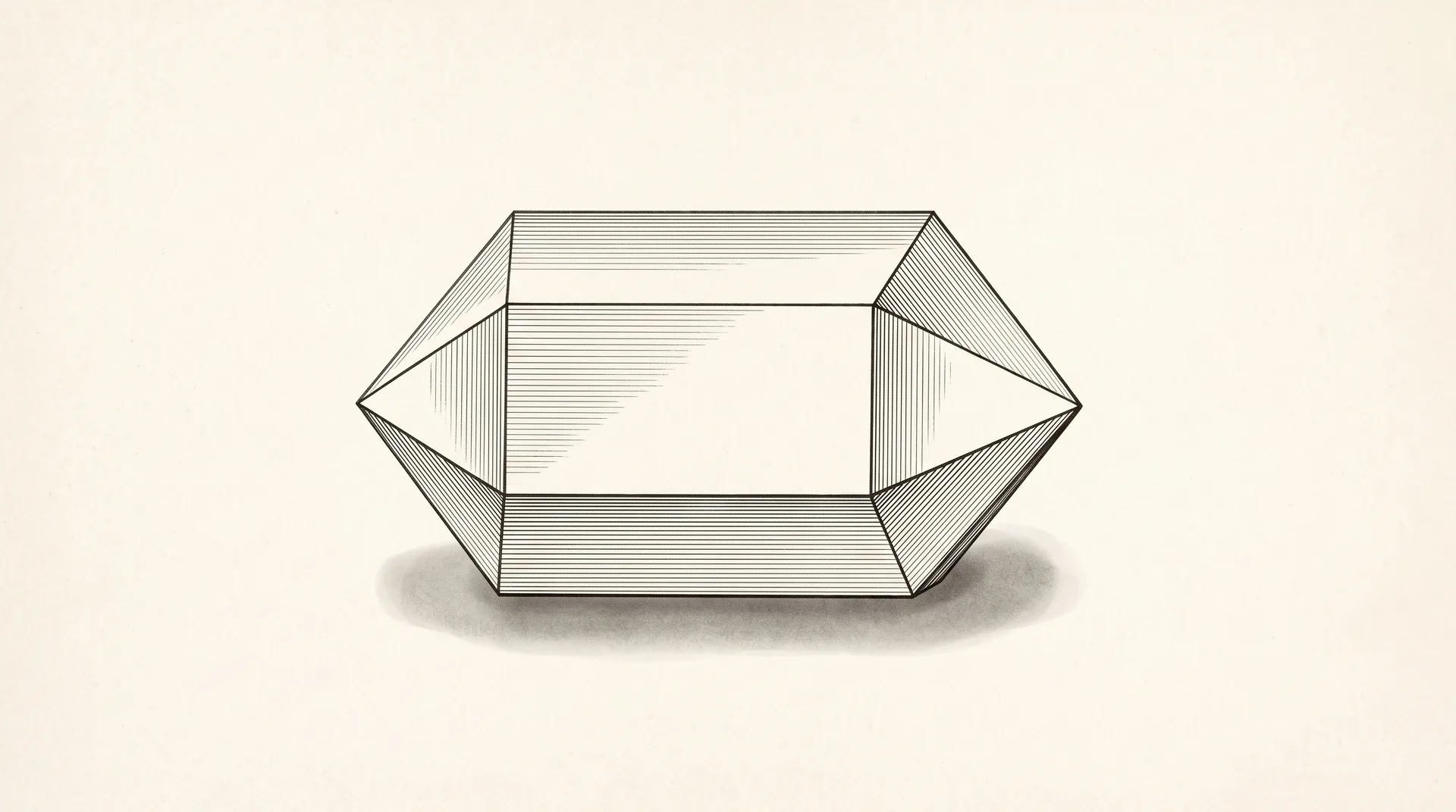 A fine line drawing of an idealised crystal — a long prism closed at both ends by pyramid-shaped terminations — casting a soft shadow.