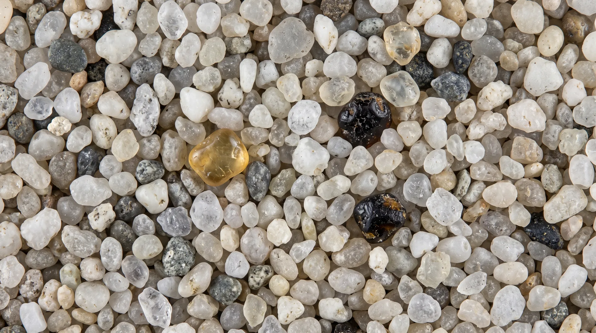 A close view of densely packed pale sand grains, with a single amber grain and two dark ones scattered among them.