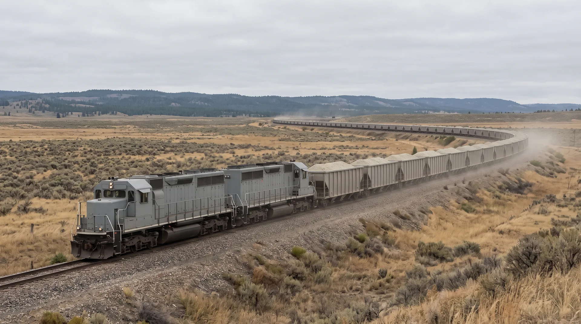A long ore train curving through flat open country behind two grey locomotives, its open wagons heaped level with pale ore and dust lifting behind.