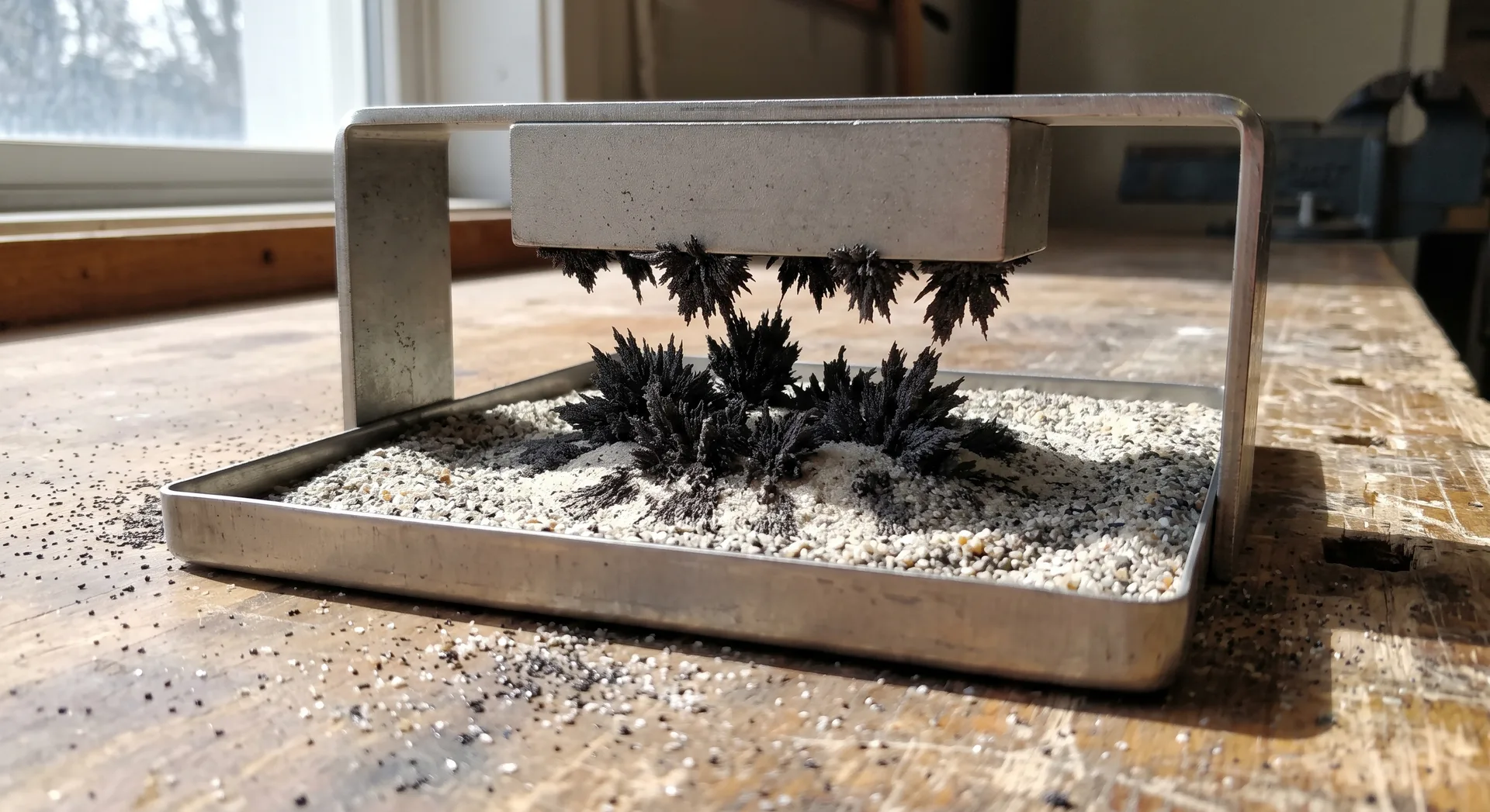Dark grains standing in spiky clusters from a tray of pale sand toward a magnet suspended above it, the sand beneath visibly paler.