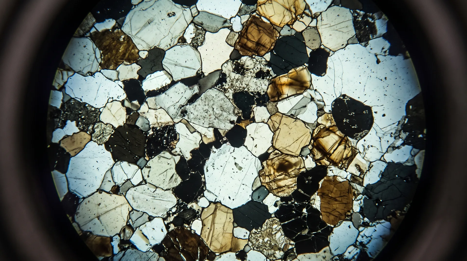 A circular microscope field filled with tightly packed mineral grains in cross-section, pale, dark and brown, each separated by thin boundaries.