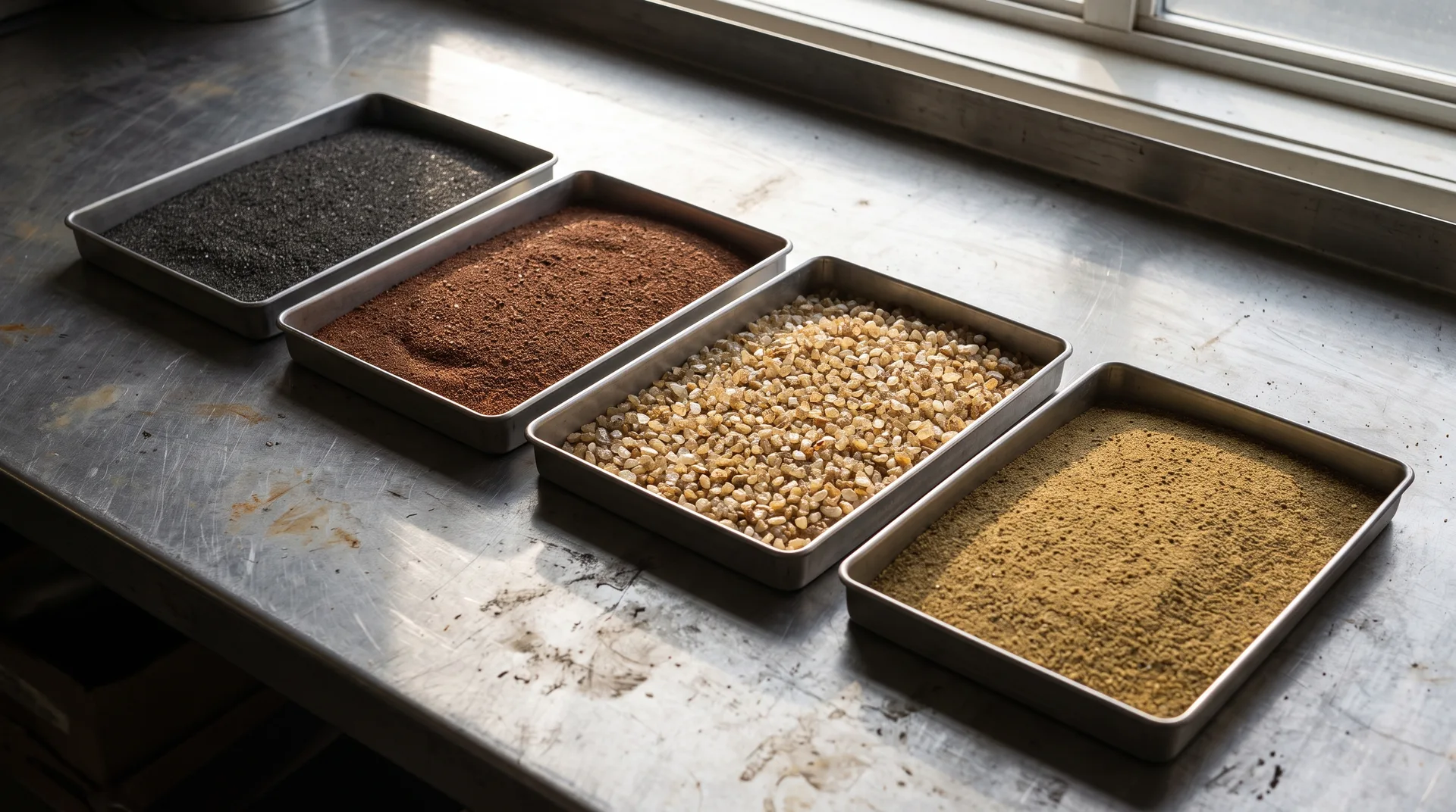 Four shallow trays in a row on a bench, each holding a different sand — dark grey, reddish-brown, pale honey and dull yellow-brown.