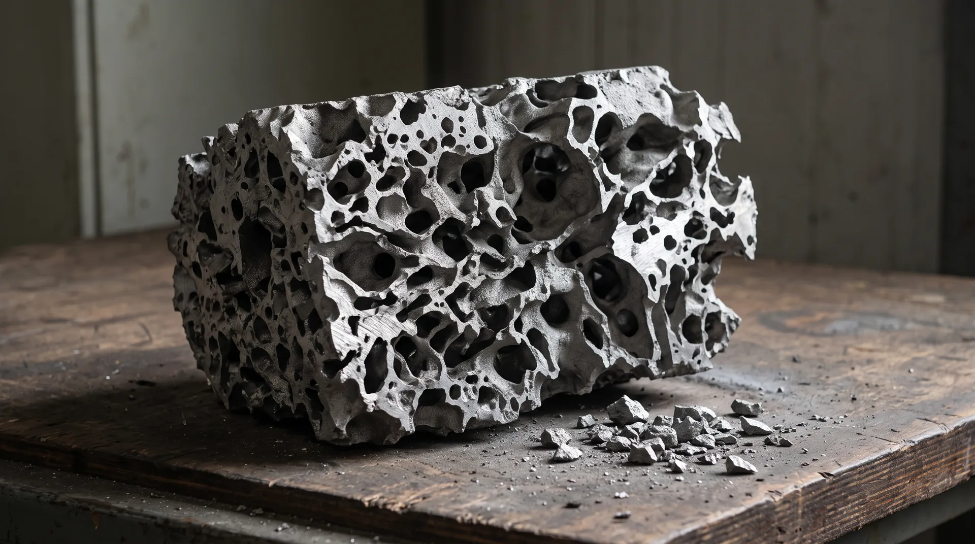 An irregular chunk of bright grey porous metal riddled with open cavities, its broken faces showing the pores running through the mass.