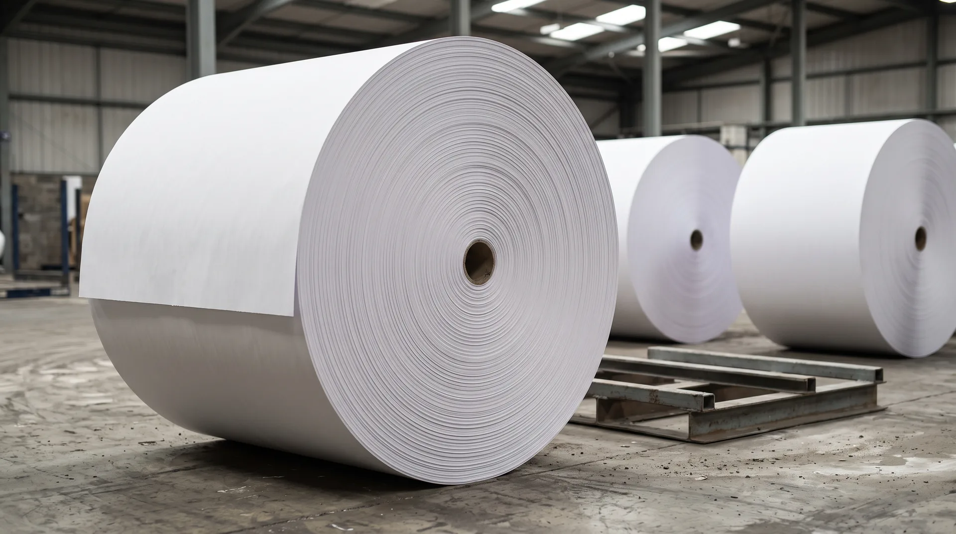 A very large reel of bright white paper standing on end, its wound edge a dense pale spiral, with two more reels behind it.