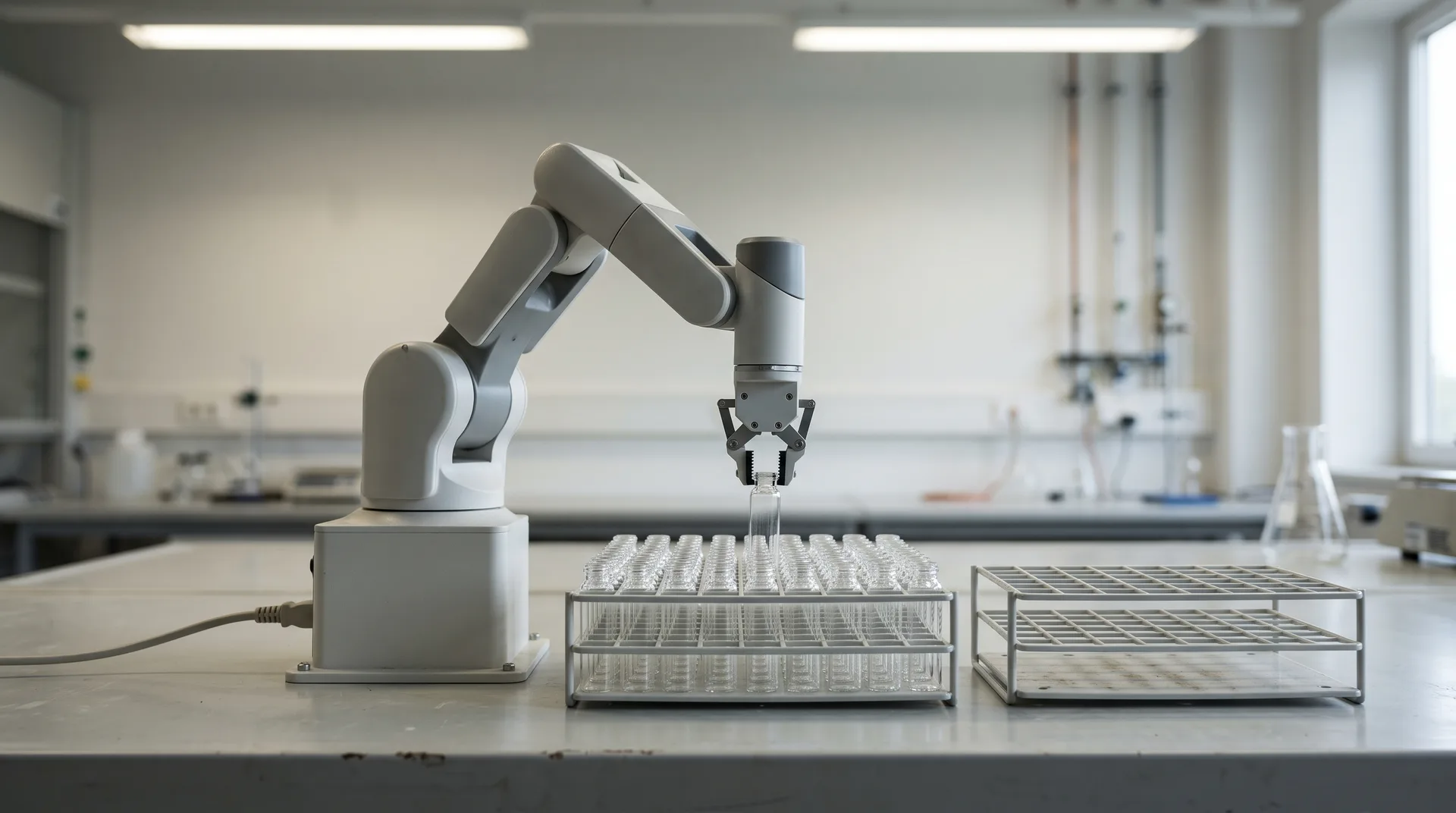 A small jointed robotic arm on a bench lowering its gripper toward a rack of identical open vials, a second empty rack alongside.