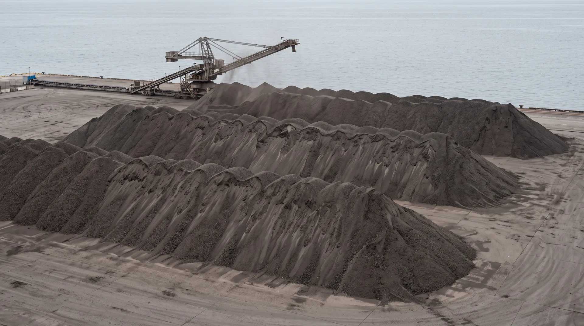 Three long ridged stockpiles of dark ore on open port concrete, an idle stacker conveyor standing over the furthest with its boom raised.