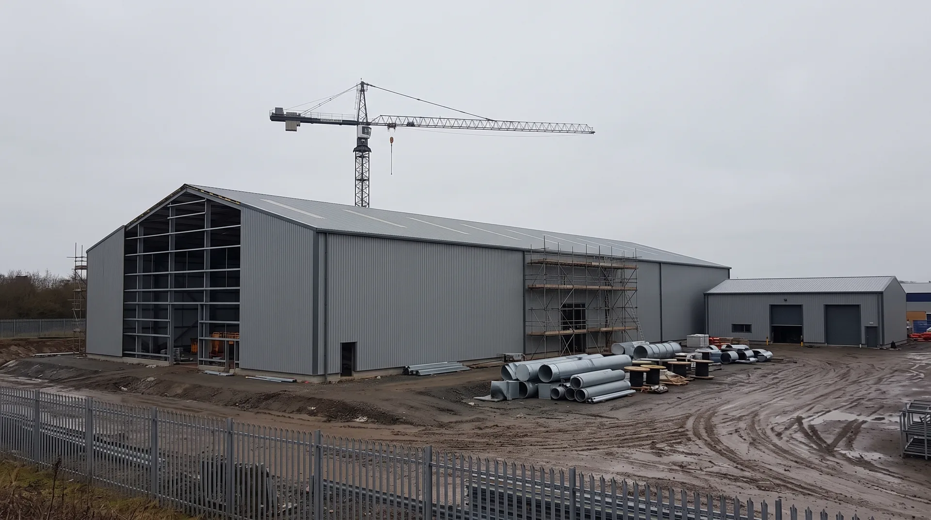 A large clad industrial building near completion with one gable end still open to its frame, scaffolding along one elevation and a tower crane above.