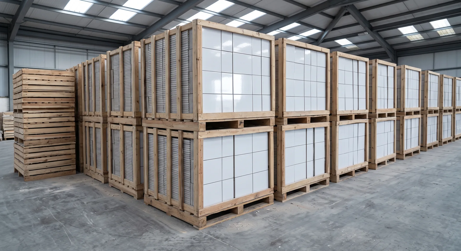 Squared columns of white glazed tiles standing on edge in open crates on pallets, their faces reflecting roof lights in an even repeating pattern.