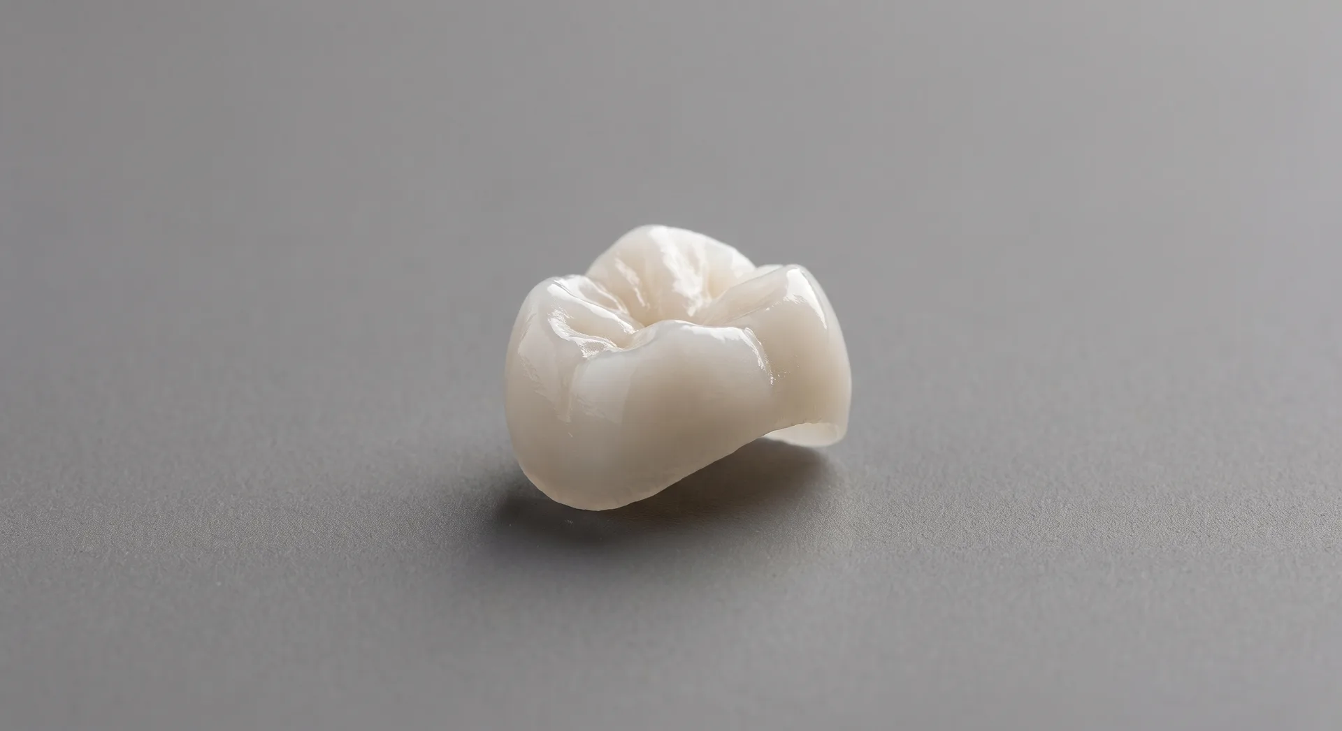 A single small white ceramic crown with contoured cusps and grooves resting alone on a plain grey surface, a soft shadow beneath it.