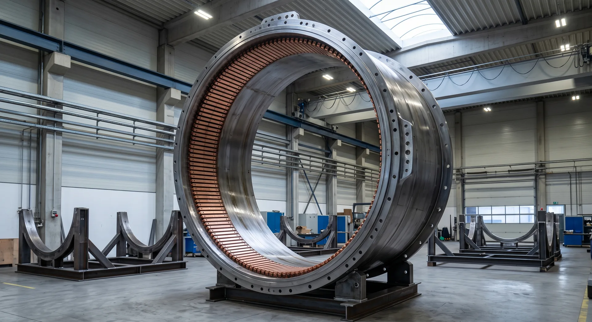 A very large open steel generator ring standing on a low cradle, its inner face lined with a continuous run of flat rectangular pole pieces.