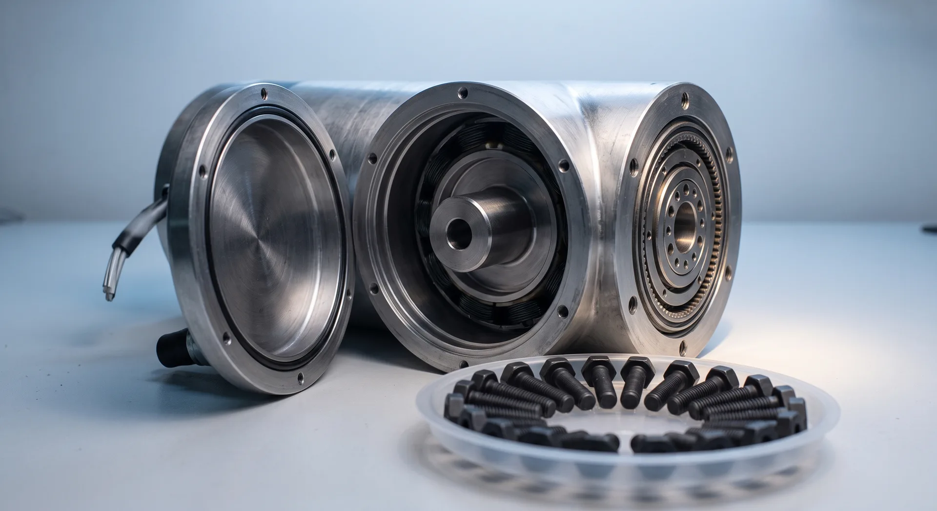 A cylindrical robotic joint housing with its end cover removed on a bench, exposing stator windings, the rotor in its bore and a gear ring.