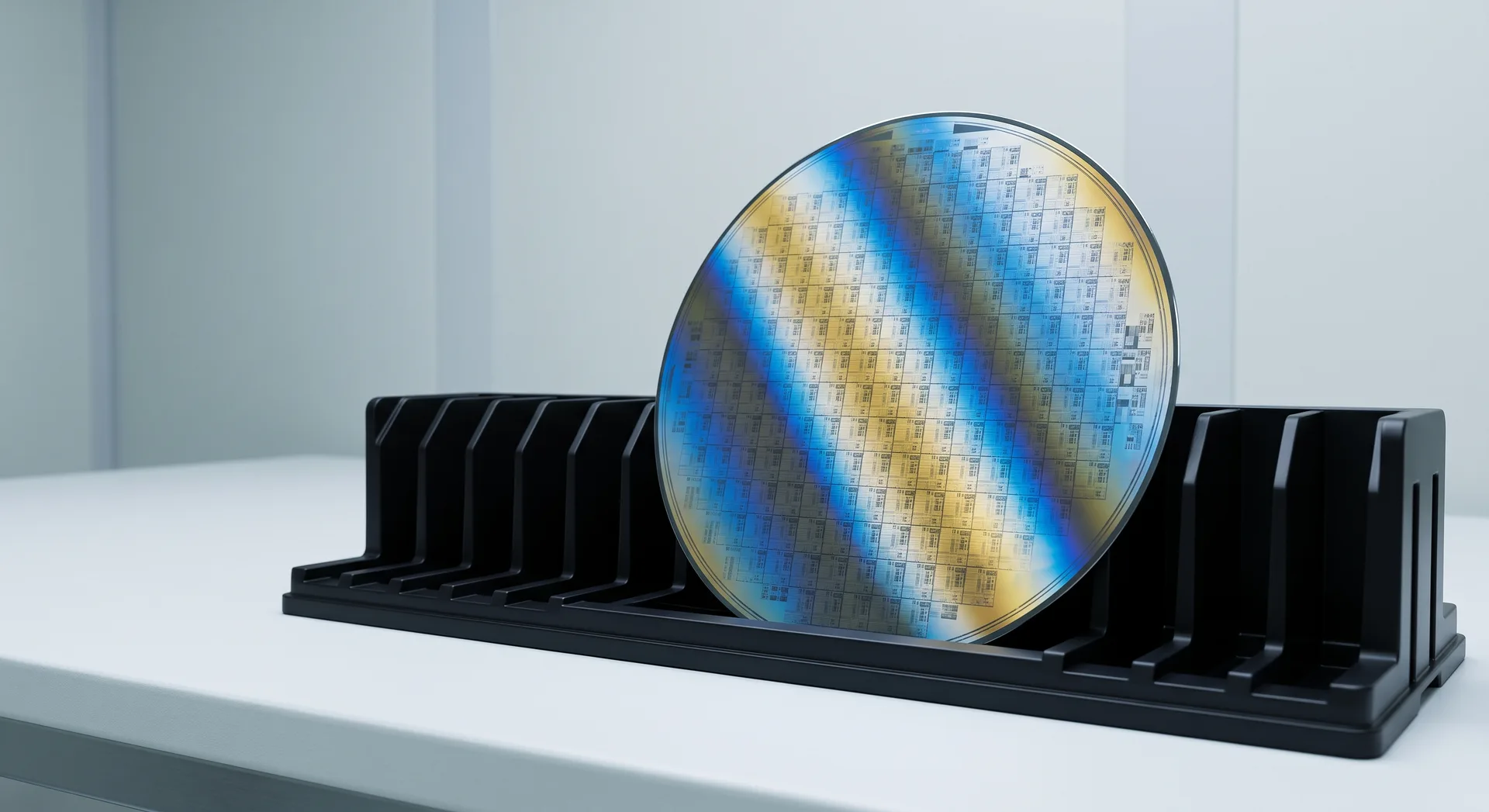 A mirror-bright patterned wafer standing angled in a slotted white carrier on a pale bench, throwing broad blue and gold diffraction across its face.