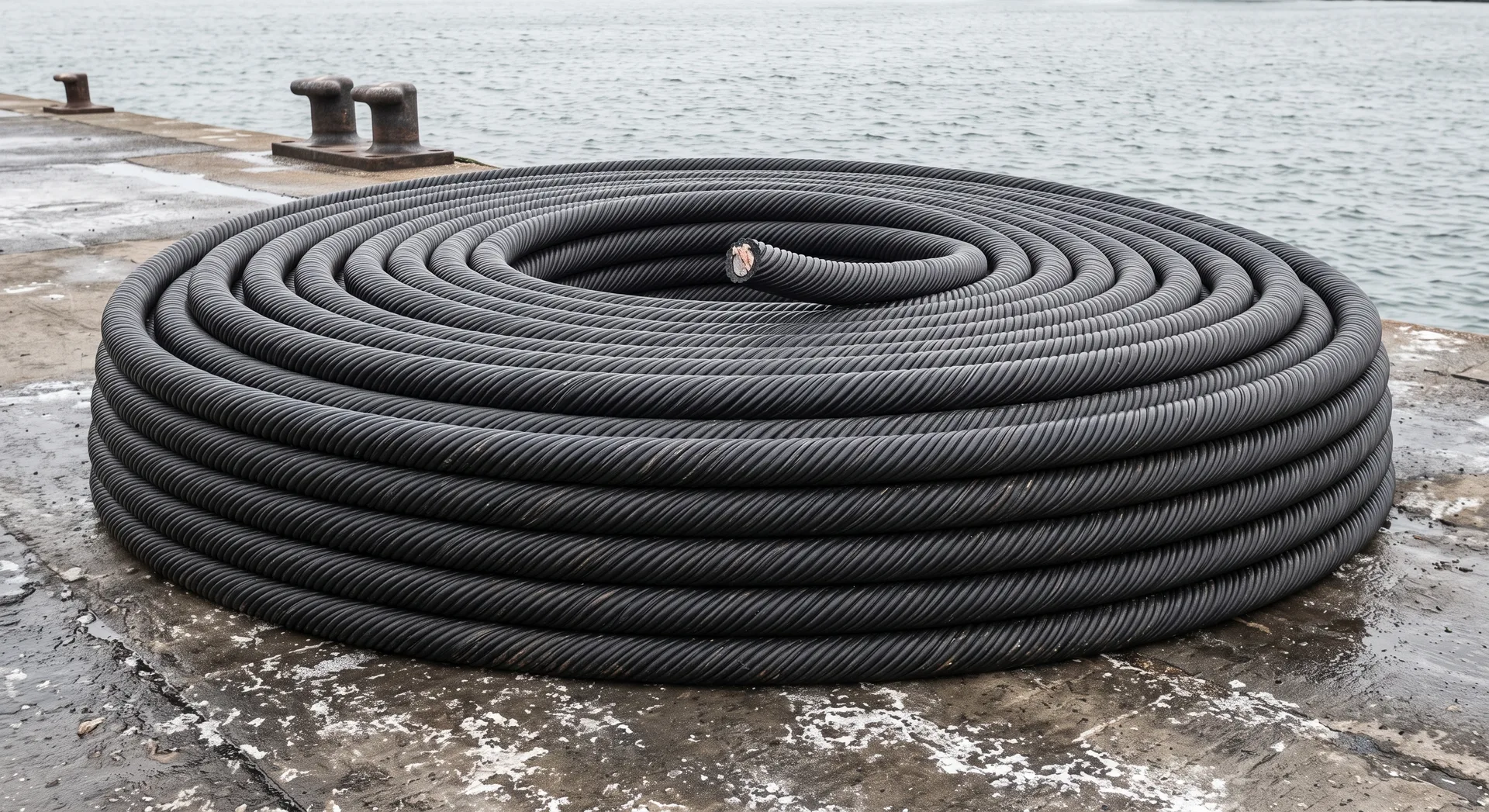 A huge coil of thick black armoured cable wound in tight flat turns on a wet quayside, its cut end sitting proud on top of the stack.