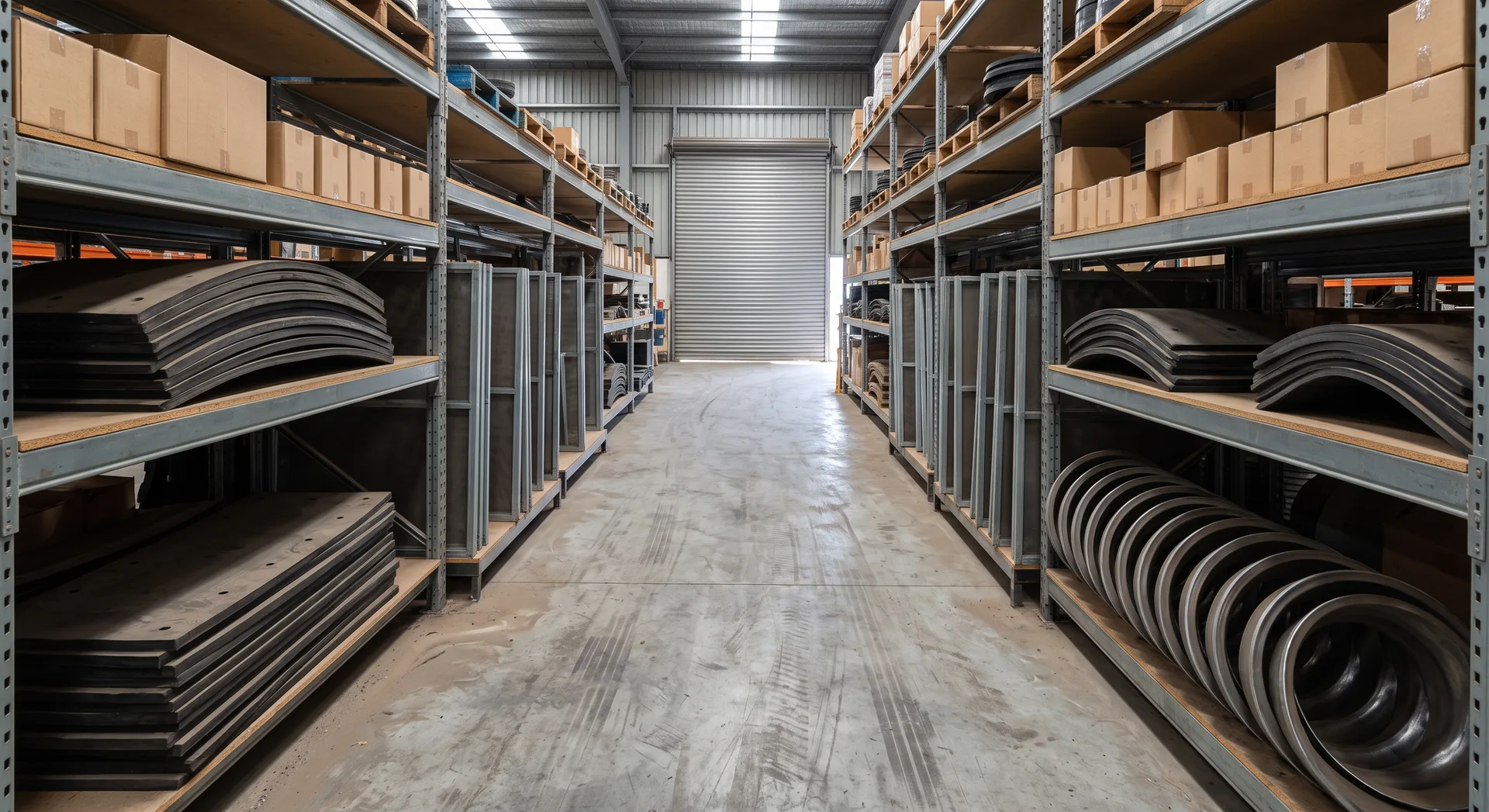 An aisle of heavy shelving loaded with spare wear parts — stacked rubber liners, framed screen panels on edge and nested spiral troughs.