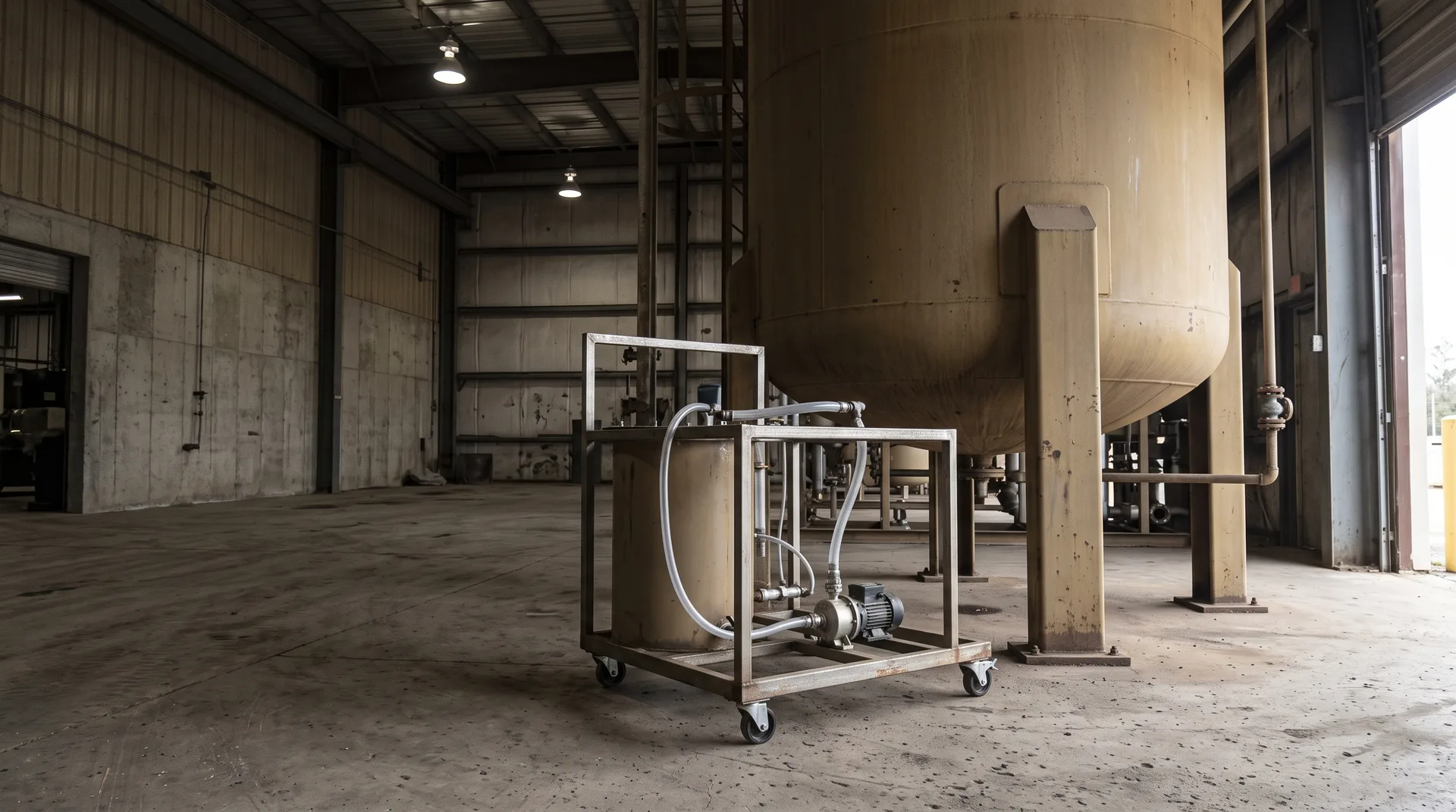 A small waist-high skid-mounted test rig on wheels standing on the floor directly beside a full-scale process vessel and its pipework.