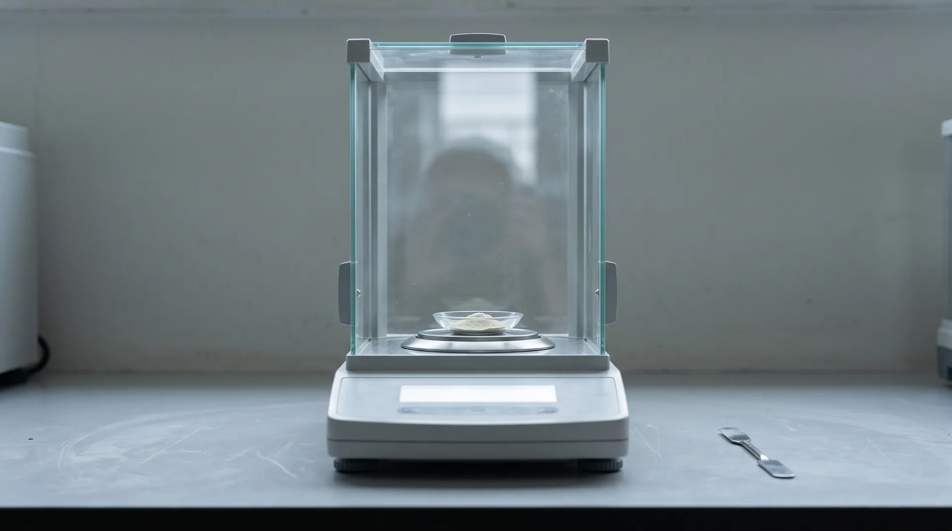 A precision balance with its glass door slid open and a shallow dish of pale powder centred on the pan, a spatula lying alongside.