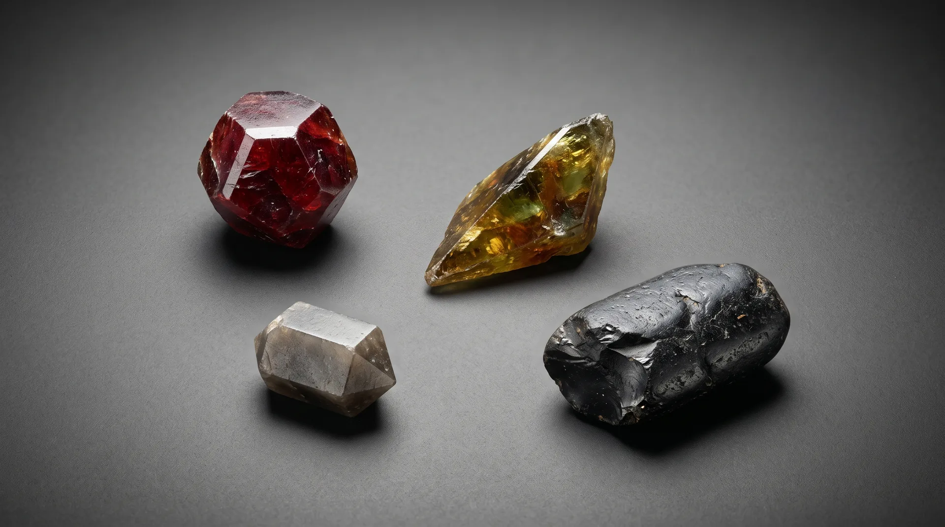 Four small crystals set apart on a grey surface: a deep red polyhedron, a honey-yellow wedge, a pale prism and a rounded black stone.