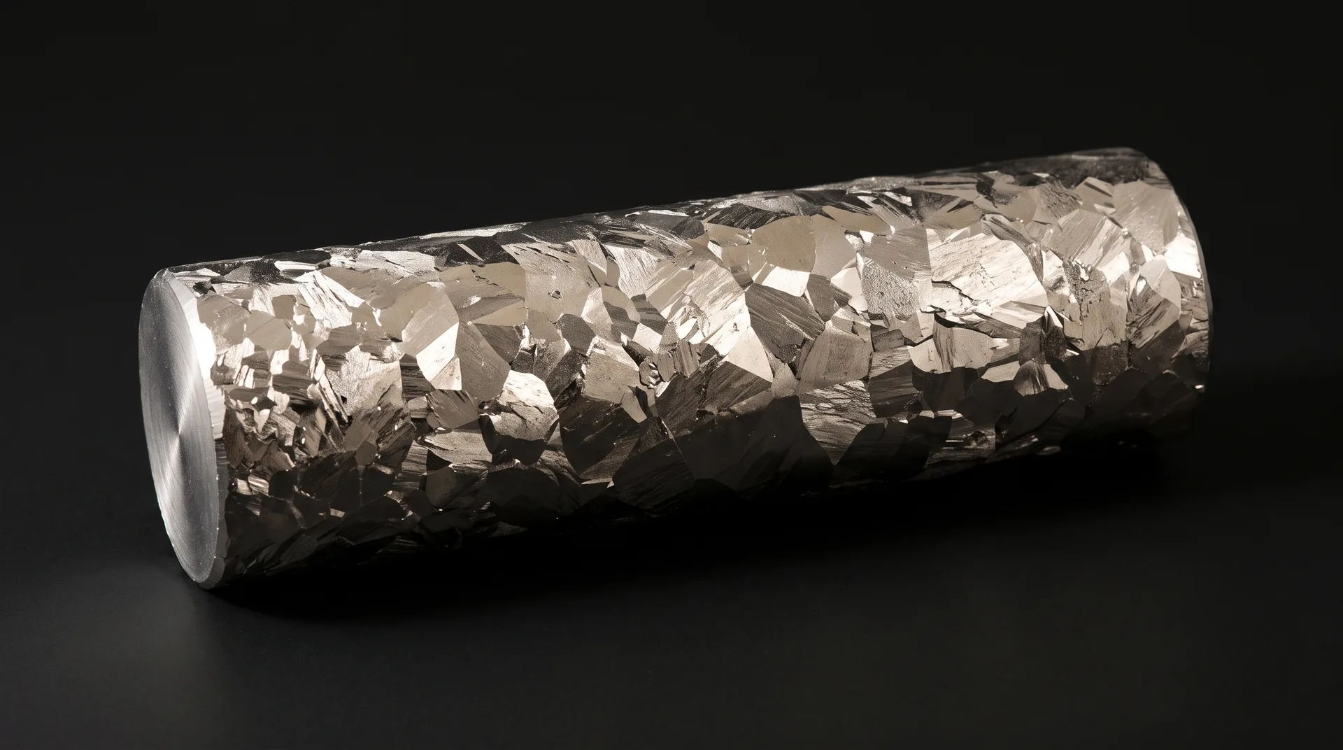 A short metal cylinder with a bright, coarsely crystalline surface of interlocking facets, one end cut smooth, against a black ground.