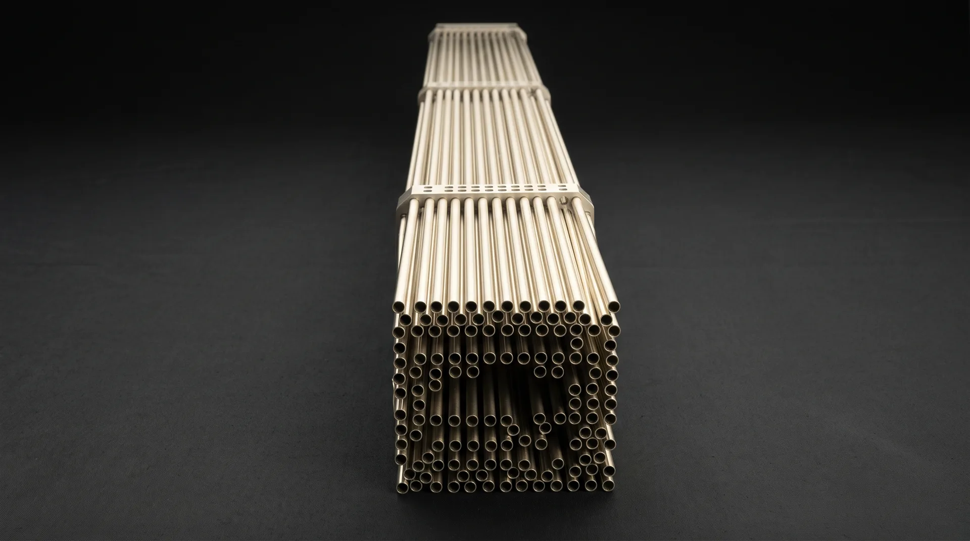 A long bundle of slender parallel metal tubes held in a square array by spacer grids, seen end-on against a black ground.