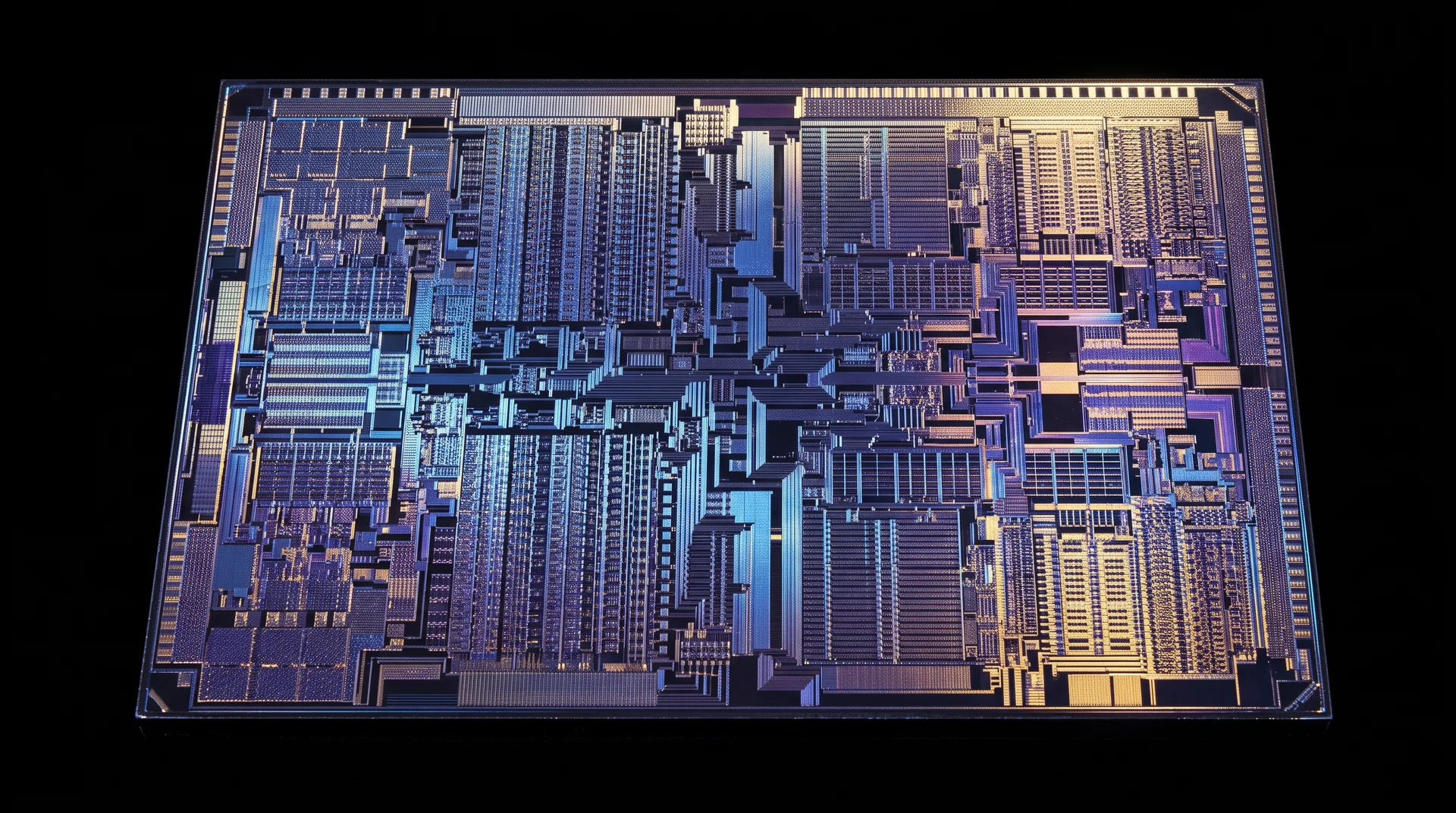 A bare processor die on a black ground, its surface a dense grid of circuit blocks throwing blue, violet and gold iridescence.