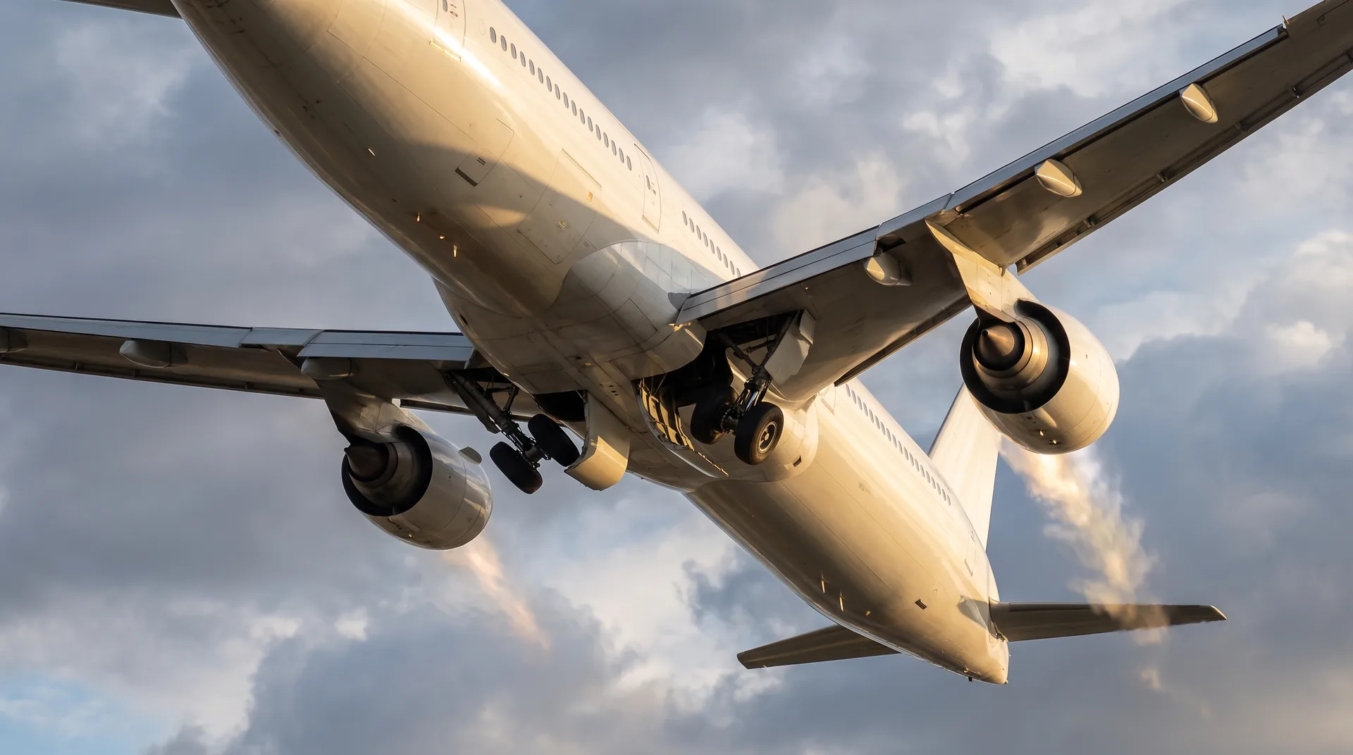 The underside of a large airliner seen from below against broken cloud, landing gear extended and two wing-mounted engines catching low sunlight.