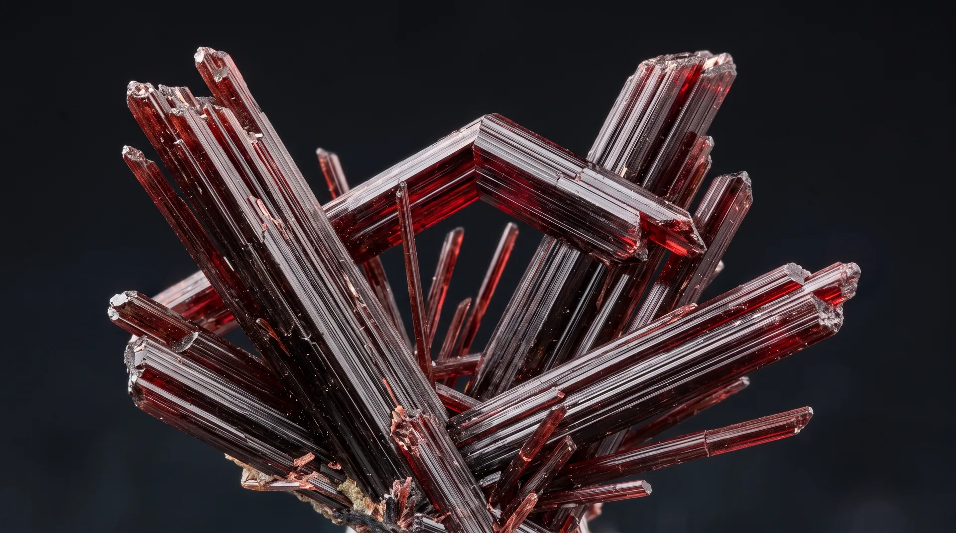 A radiating cluster of slender deep red prismatic crystals with finely striated faces, against a black ground.