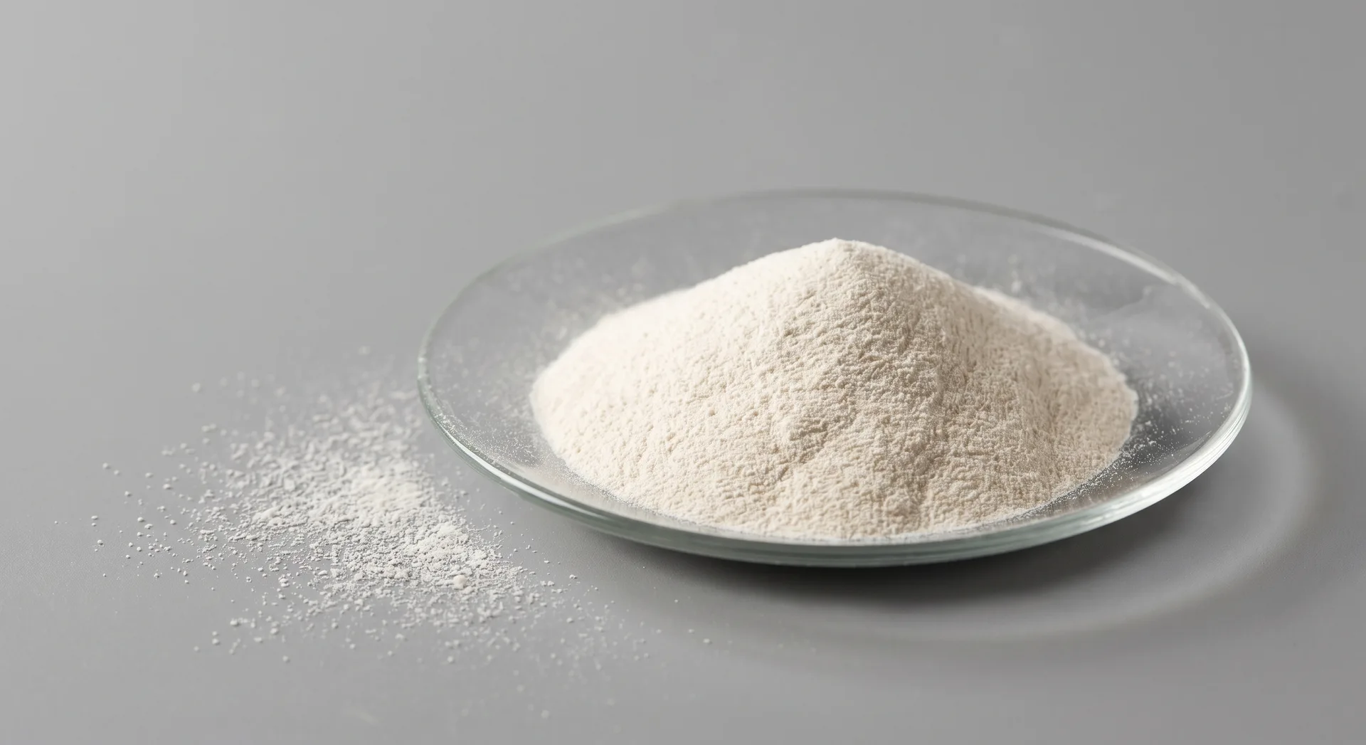 A shallow glass dish holding a soft heap of off-white powder with a faint cream cast, matte and slightly dulled under daylight.