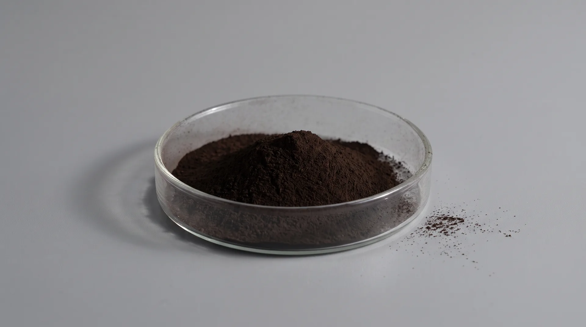 A shallow glass dish holding a heap of very dark brown-black powder, matte and fine, its crest catching a trace of warm brown.