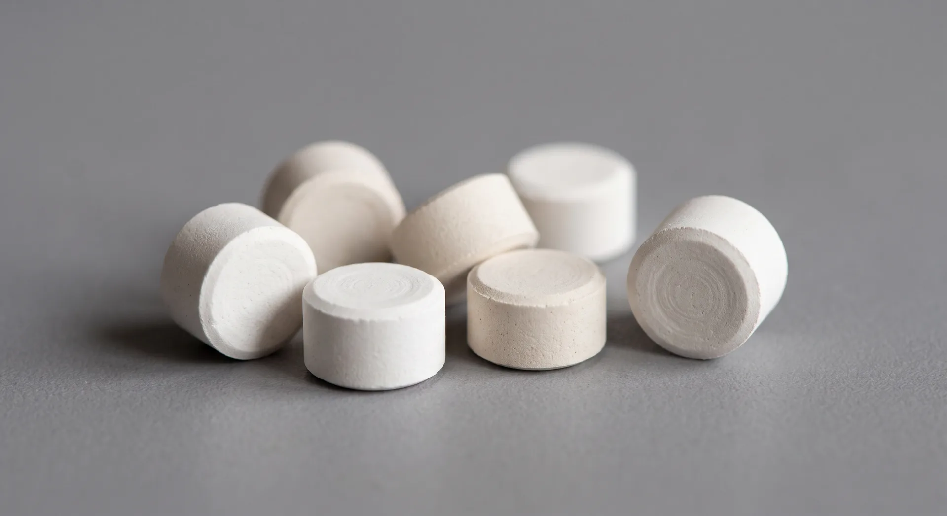 Several small white ceramic pellets lying loosely together on a grey surface, short cylinders with flat ends, one standing upright among them.
