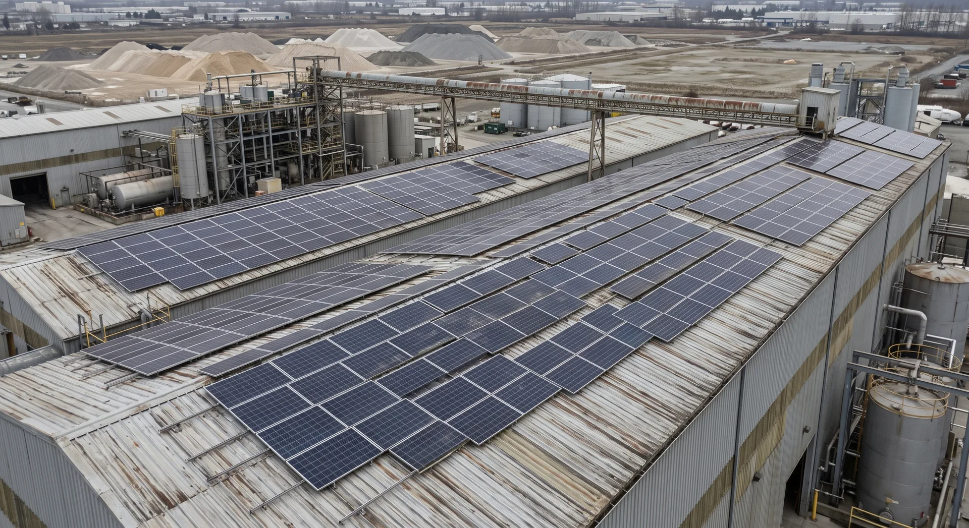 Solar panels covering the corrugated roofs of two long industrial buildings, with plant structures and pale stockpiles on the ground beyond.