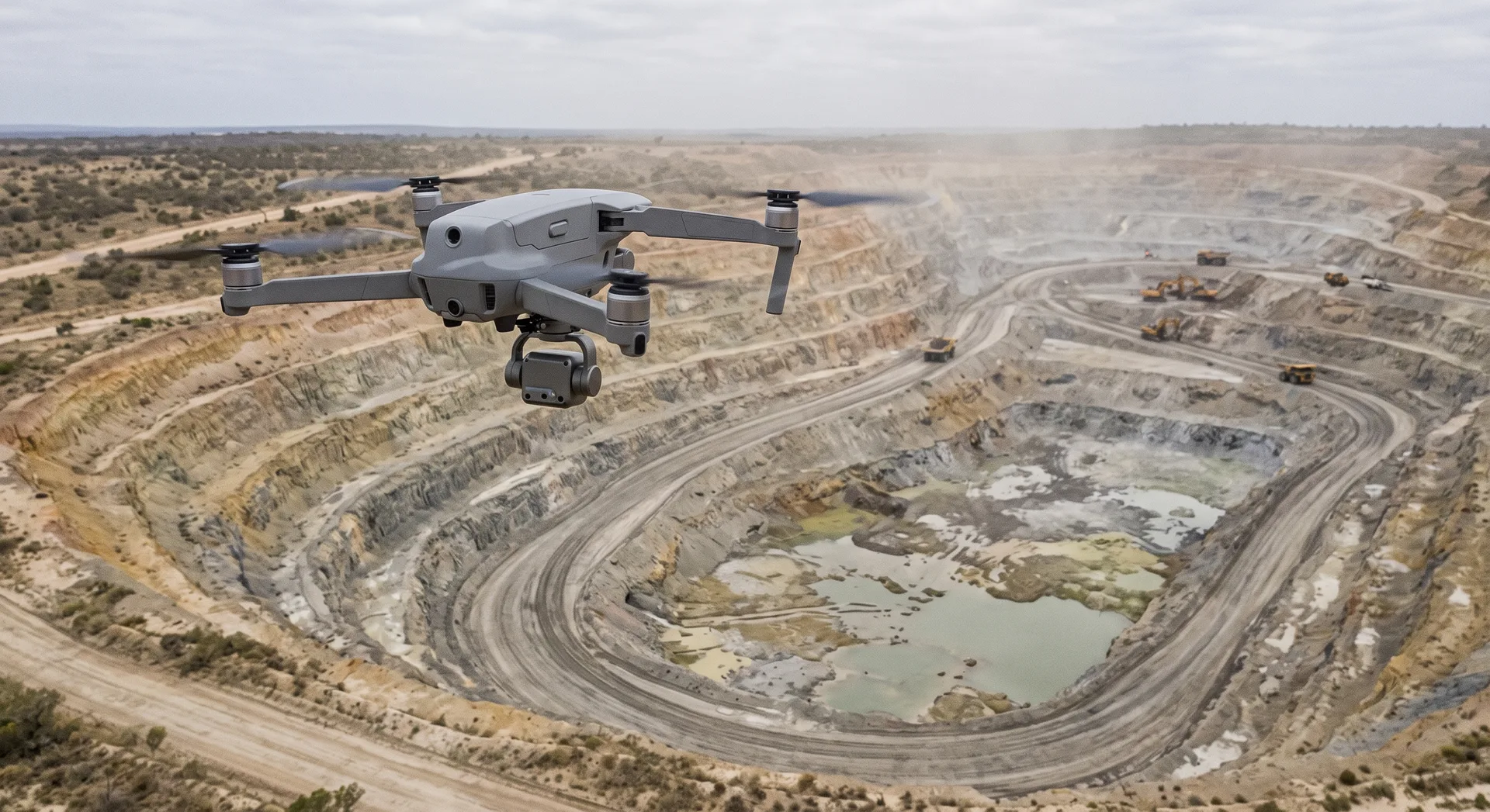 A small four-rotor drone hovering above a working pit, stepped benches and a graded haul road visible on the ground below and beyond it.