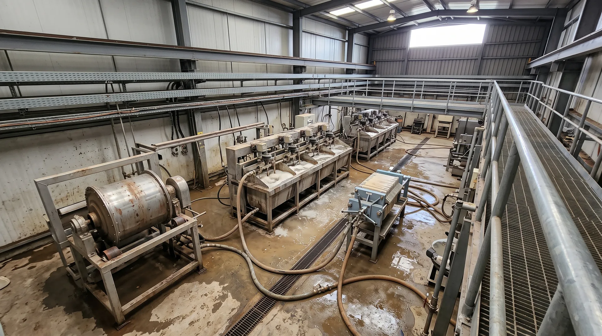 A testing hall with a small rotating mill drum, a bank of stirred flotation cells and a filter press, slurry hoses running across a wet concrete floor.