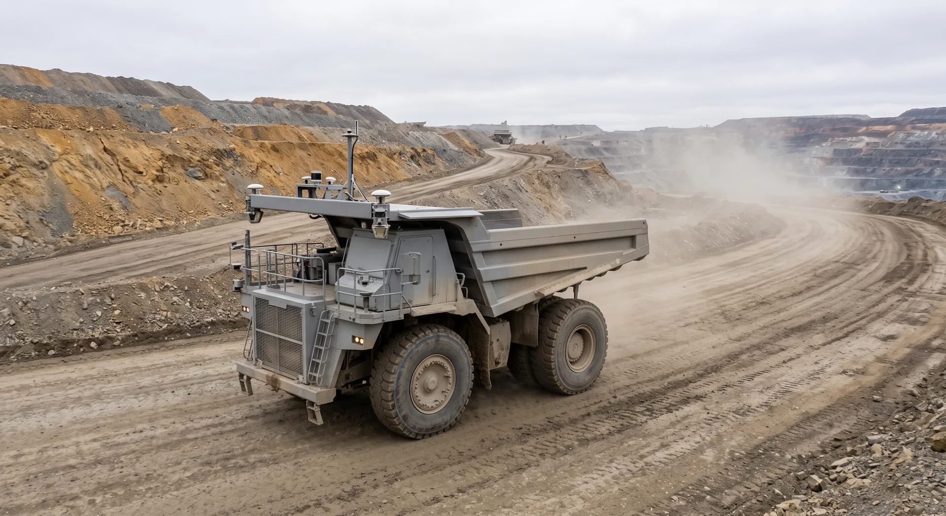 A large haul truck on a graded mine road with sensor housings mounted above its cab, dust hanging in the air behind it.